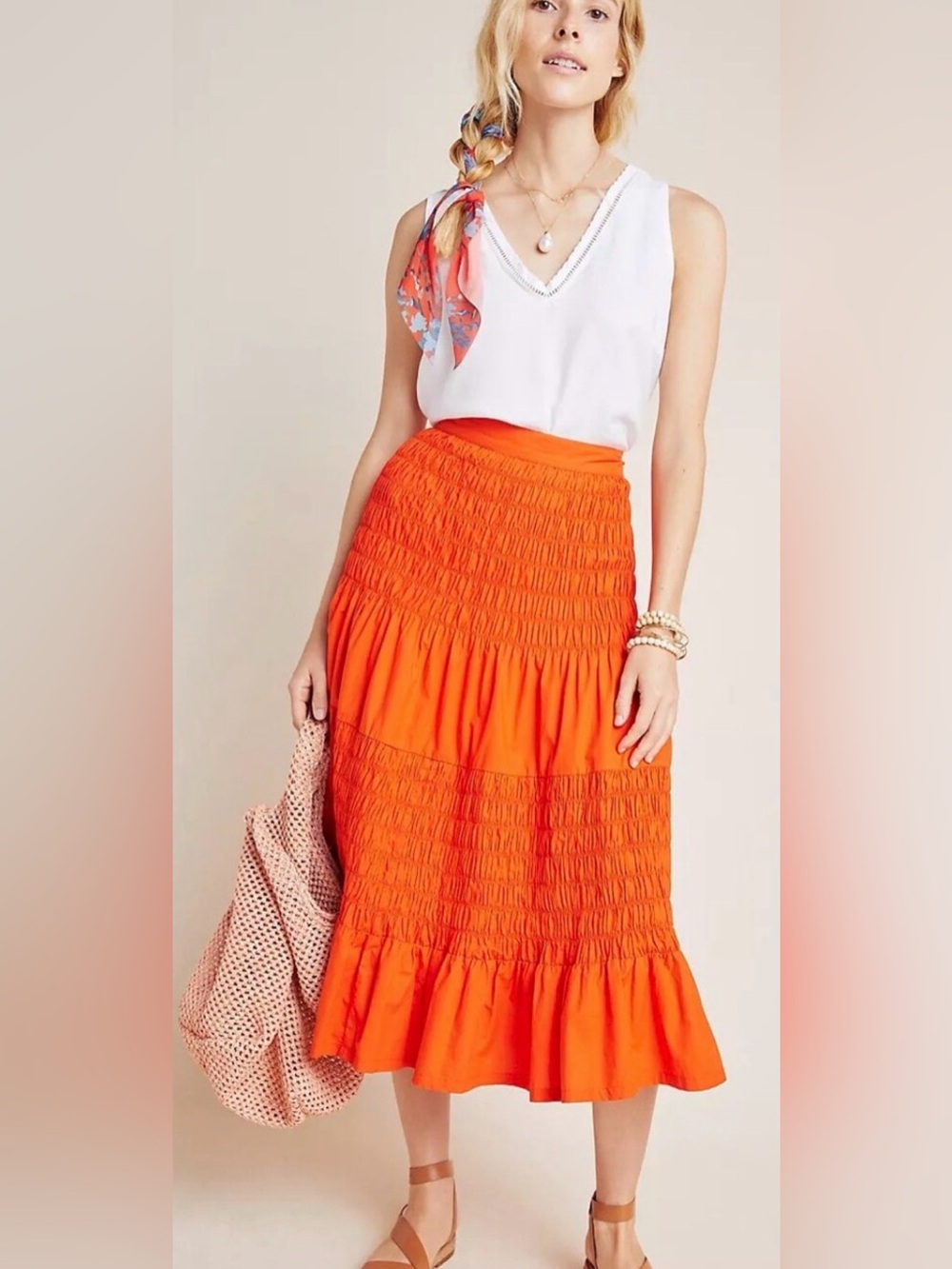 Maeve by Anthropologie “Under the Sun” Smocked Cotton Midi Skirt